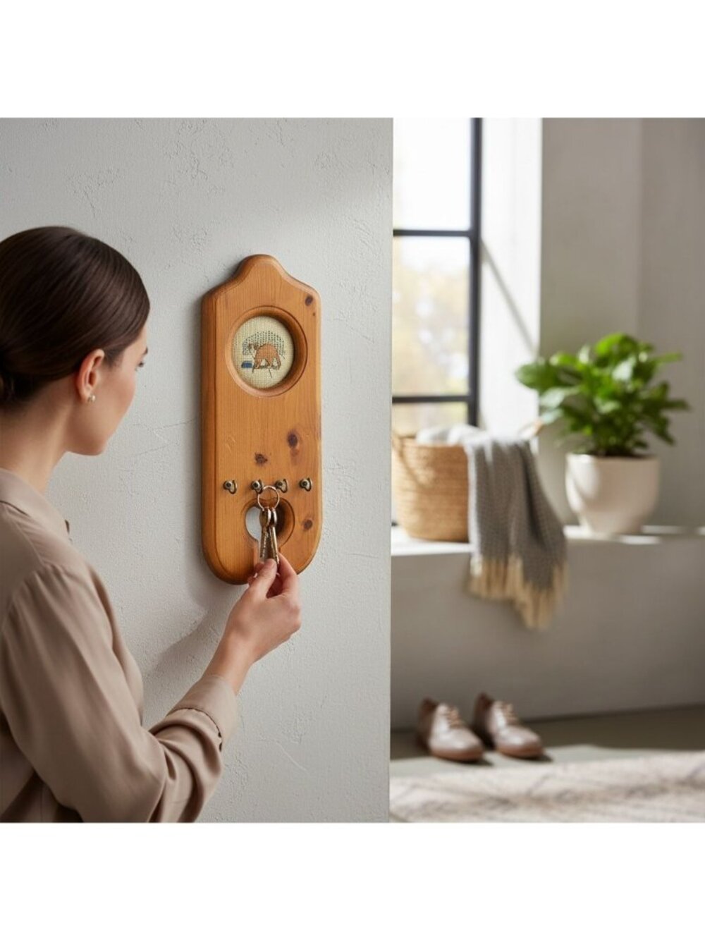 Vintage Needlepoint Cat Pattern Wooden Wall Mount Key Holder with Heart Cutout